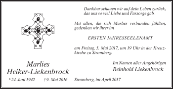 Traueranzeige von Marlies Heiker-Liekenbrock von Die Glocke