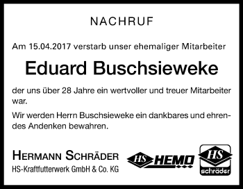 Traueranzeige von Eduard Buschsieweke von Die Glocke