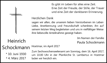 Traueranzeige von Heinrich Schockmann von Die Glocke