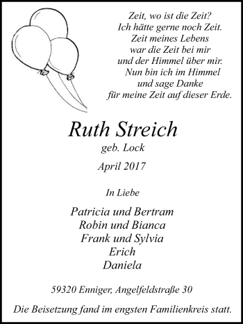 Traueranzeige von Ruth Streich von Die Glocke
