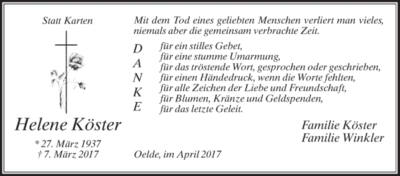  Traueranzeige für Helene Köster vom 22.04.2017 aus Die Glocke