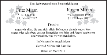 Traueranzeige von Jürgen Miran von Die Glocke
