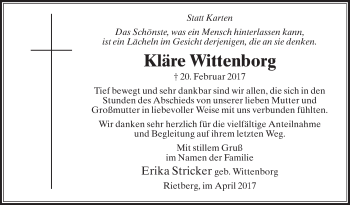 Traueranzeige von Kläre Wittenborg von Die Glocke