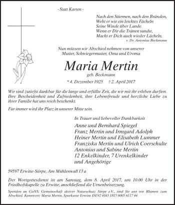 Traueranzeige von Maria Mertin von Die Glocke