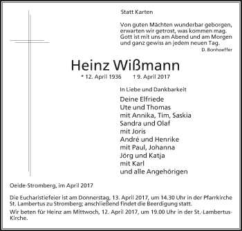 Traueranzeige von Heinz Wißmann von Glocke Trauer