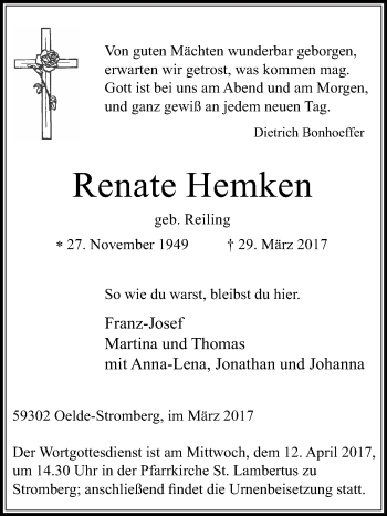 Traueranzeige von Renate Hemken von Die Glocke