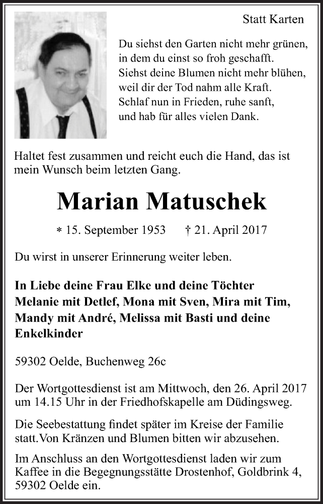  Traueranzeige für Marian Matuschek vom 24.04.2017 aus Die Glocke