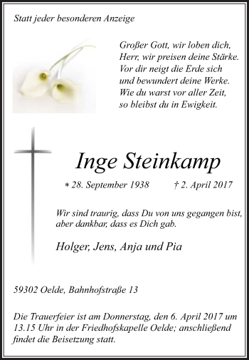 Traueranzeige von Inge Steinkamp von Die Glocke