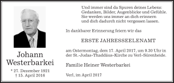 Traueranzeige von Johann Westerbarkei von Die Glocke