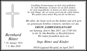 Traueranzeige von Bernhard Bitter von Die Glocke