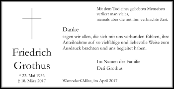Traueranzeige von Friedrich Grothus von Die Glocke