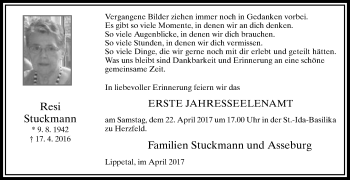 Traueranzeige von Resi Stuckmann von Die Glocke