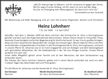 Traueranzeige von Heinz Lohnherr von Glocke Trauer