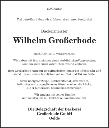 Traueranzeige von Wilhelm Großerhode von Die Glocke