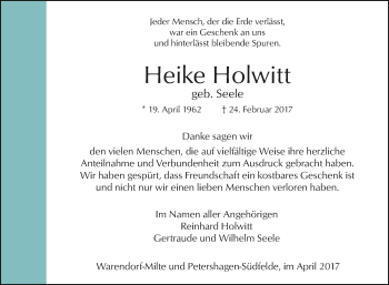 Traueranzeige von Heike Holwitt von Die Glocke