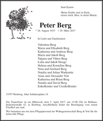 Traueranzeige von Peter Berg von Die Glocke