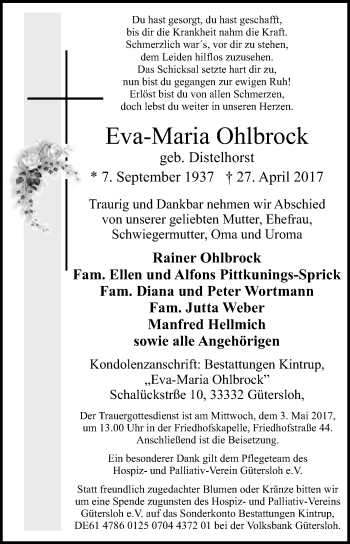 Traueranzeige von Eva-Maria Ohlbrock von Die Glocke