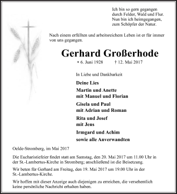 Traueranzeige von Gerhard Großerhode von Die Glocke