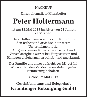 Traueranzeige von Peter Holtermann von Die Glocke