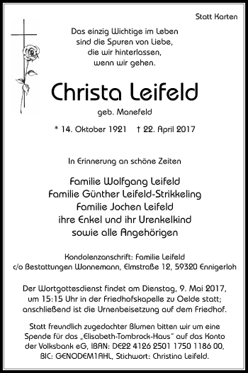 Traueranzeige von Christa Leifeld von Die Glocke