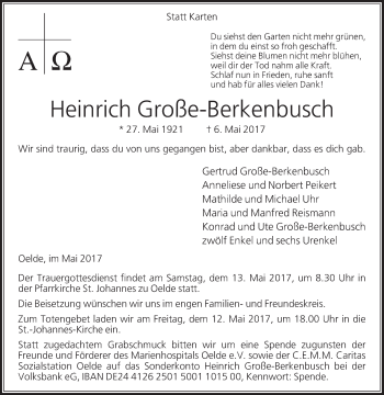 Traueranzeige von Heinrich Große-Berkenbusch von Die Glocke