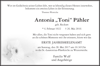 Traueranzeige von Antonia Pähler von Die Glocke