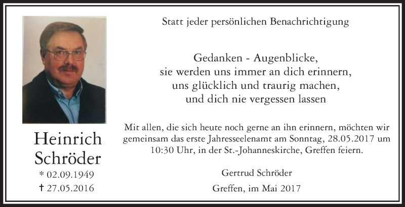  Traueranzeige für Heinrich Schröder vom 20.05.2017 aus Die Glocke