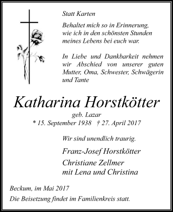 Traueranzeige von Katharina Horstkötter von Die Glocke