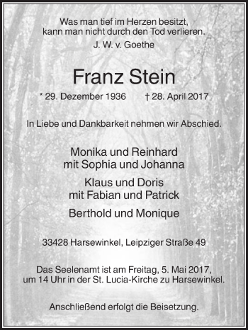 Traueranzeige von Franz Stein von Die Glocke