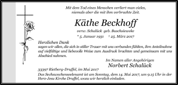 Traueranzeige von Käthe Beckhoff von Die Glocke