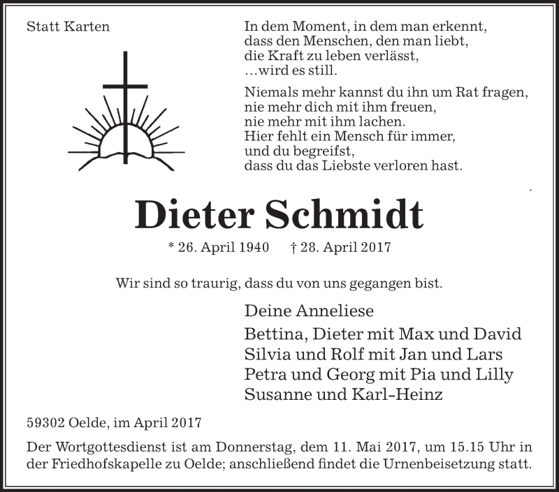  Traueranzeige für Dieter Schmidt vom 06.05.2017 aus Die Glocke