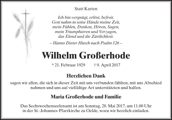 Traueranzeige von Wilhelm Großerhode von Die Glocke