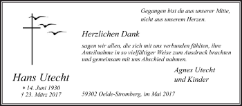 Traueranzeige von Hans Utecht von Die Glocke