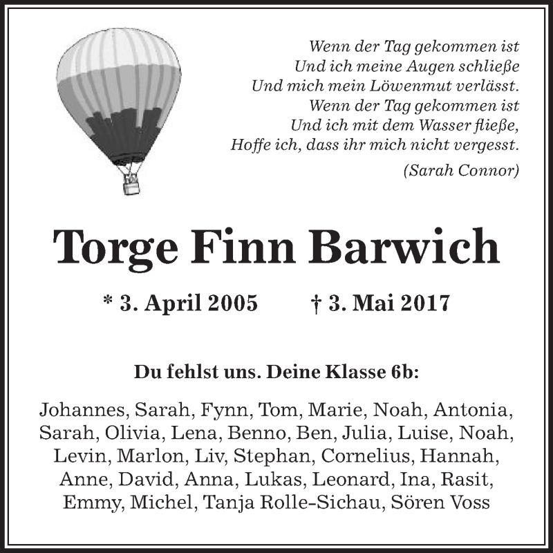  Traueranzeige für Torge Finn Barwich vom 11.05.2017 aus Die Glocke