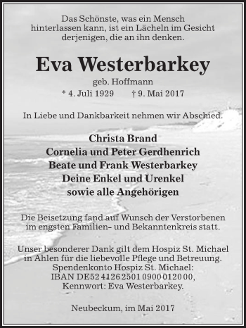 Traueranzeige von Eva Westerbarkey von Die Glocke