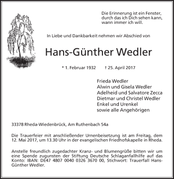 Traueranzeige von Hans-Günther Wedler von Die Glocke