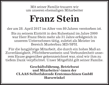 Traueranzeige von Franz Stein von Die Glocke