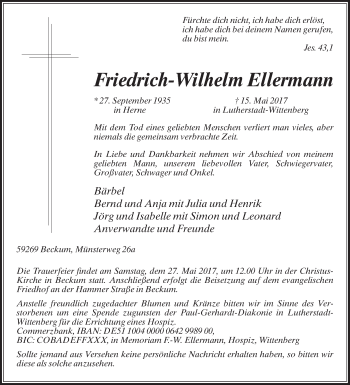 Traueranzeige von Friedrich-Wilhelm Ellermann von Die Glocke