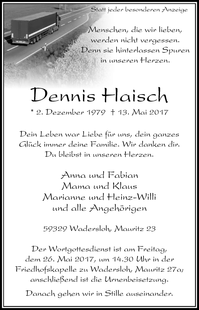  Traueranzeige für Dennis Haisch vom 22.05.2017 aus Die Glocke