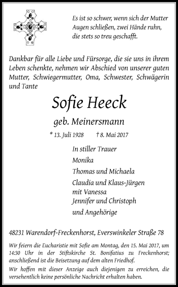 Traueranzeige von Sofie Heeck von Die Glocke