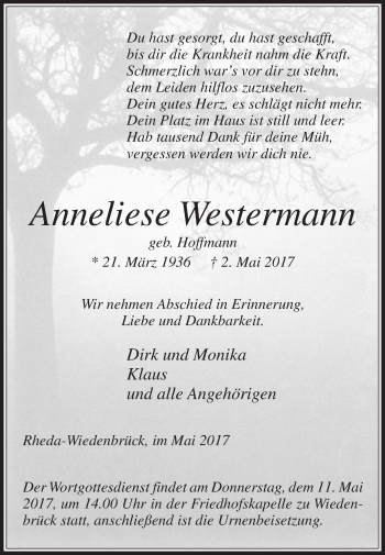 Traueranzeige von Anneliese Westermann von Die Glocke