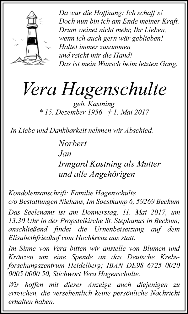  Traueranzeige für Vera Hagenschulte vom 06.05.2017 aus Die Glocke