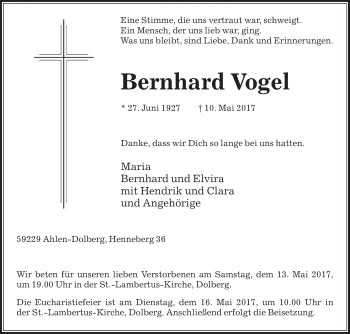 Traueranzeige von Bernhard Vogel von Die Glocke