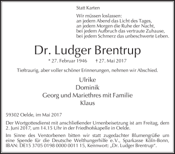 Traueranzeige von Ludger Brentrup von Die Glocke