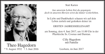 Traueranzeige von Theo Hagedorn von Die Glocke