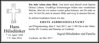 Traueranzeige von Hans Hülsdünker von Die Glocke