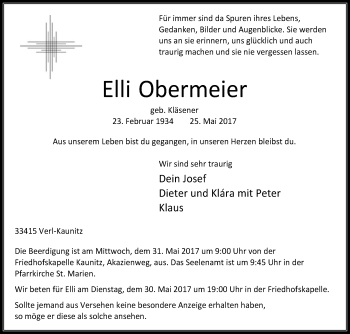 Traueranzeige von Elli Obermeier von Die Glocke