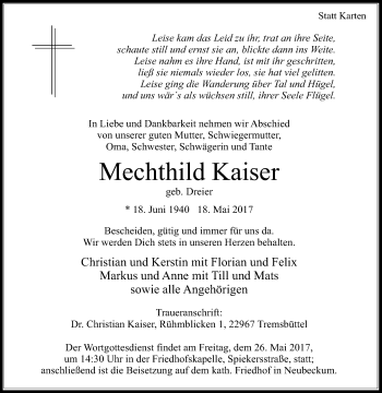 Traueranzeige von Mechthild Kaiser von Die Glocke