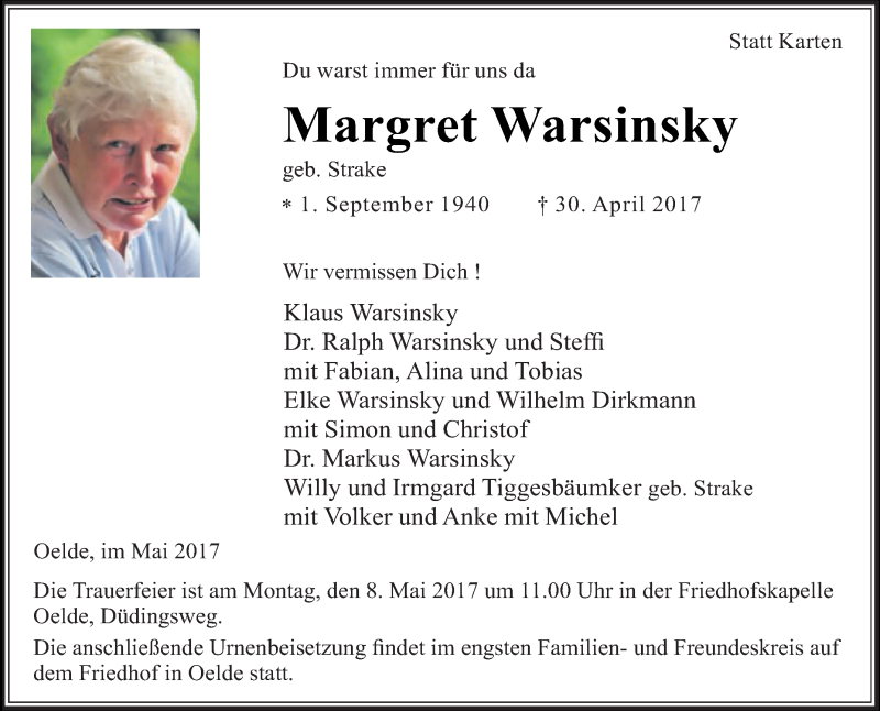  Traueranzeige für Margret Warsinsky vom 05.05.2017 aus Die Glocke