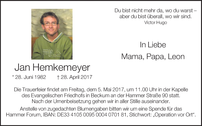  Traueranzeige für Jan Hemkemeyer vom 03.05.2017 aus Die Glocke